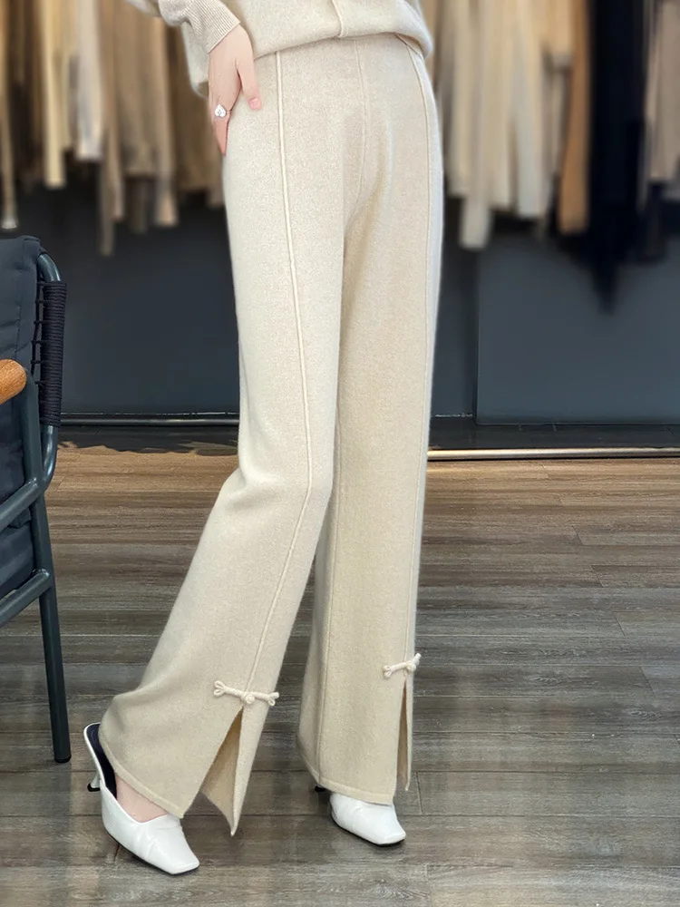 Autumn and Winter New 100% Pure Wool Knitted Split Button Wide Leg Pants Women's High Waist Draping Casual Chinese Floor Towers