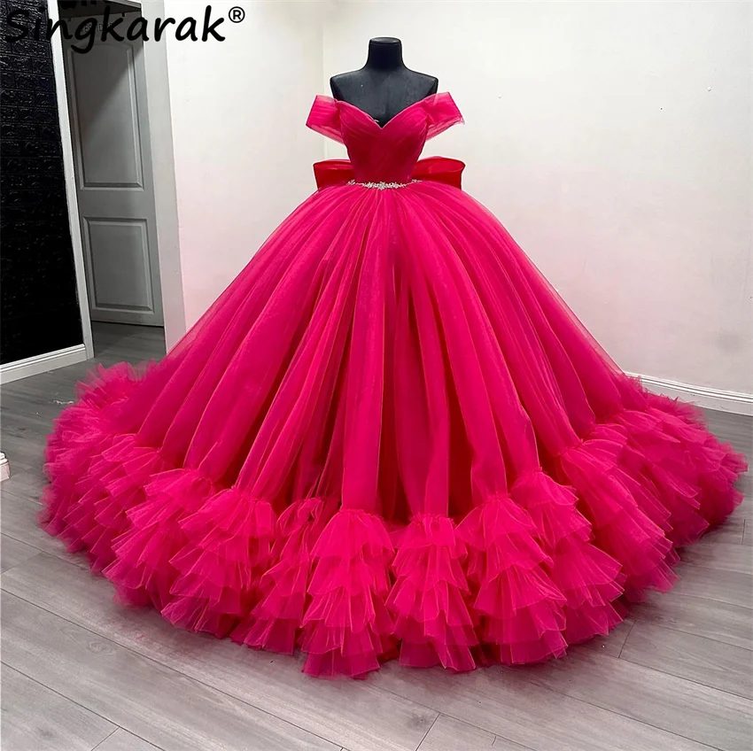 Princess Hot Pink Quinceanera Dresses Gown With Bow Beads Crystals Tiered Ruffles 15th Birthday Party Sweet 16 Dress  Customized