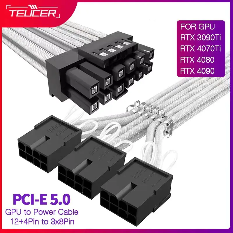 TEUCER 340mm PCI-e 5.0 16Pin(12+4) Male to 4x8Pin Female Sleeved Extension Cable Compatible for GPU RTX 3090Ti 4070 4080 4090