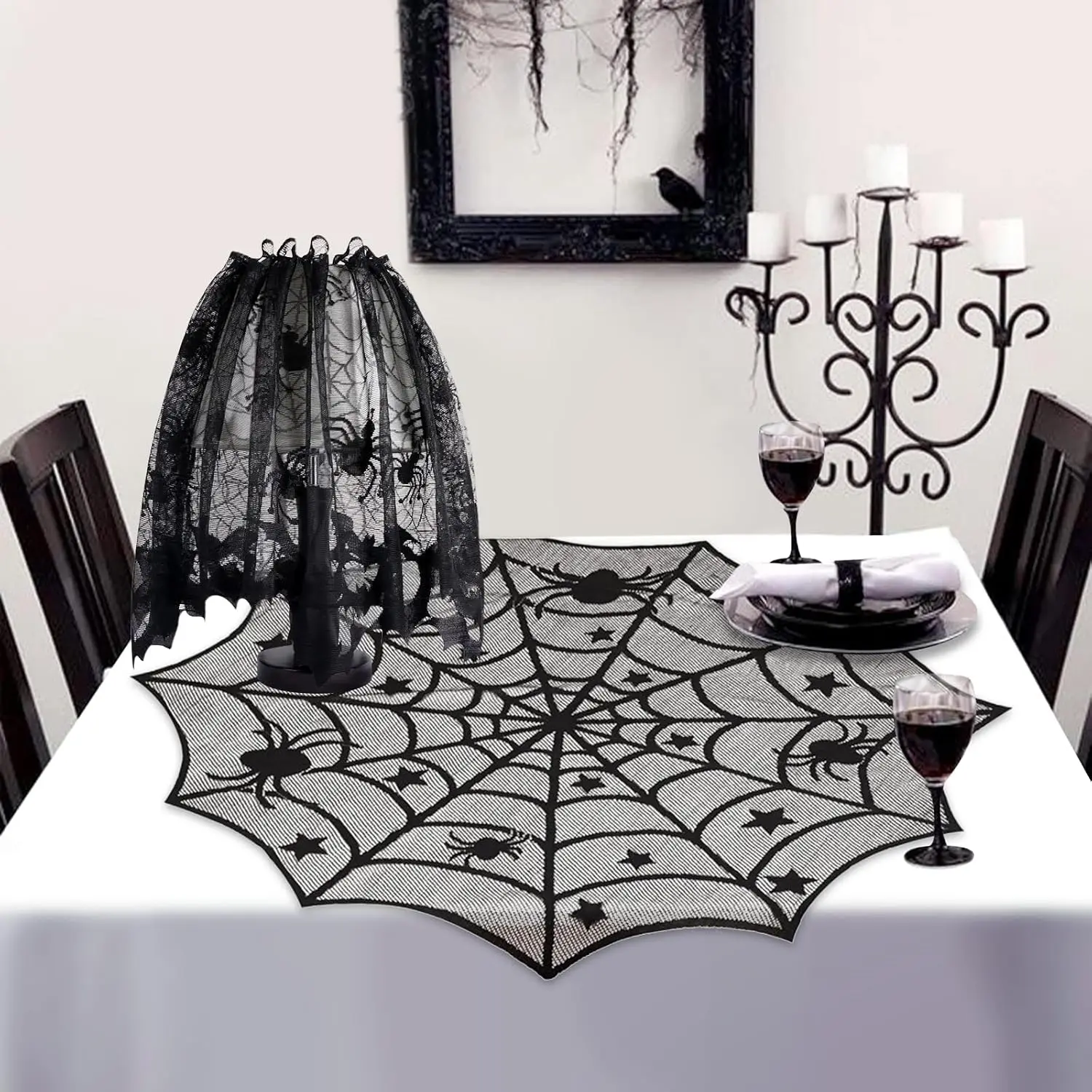 Halloween-Dekorationsset Schwarzes Spinnennetz Tischläufer Kaminumflur-Bezug Lampenschirm mit 3D-Fledermaus-Aufklebern für Party – Detail 4