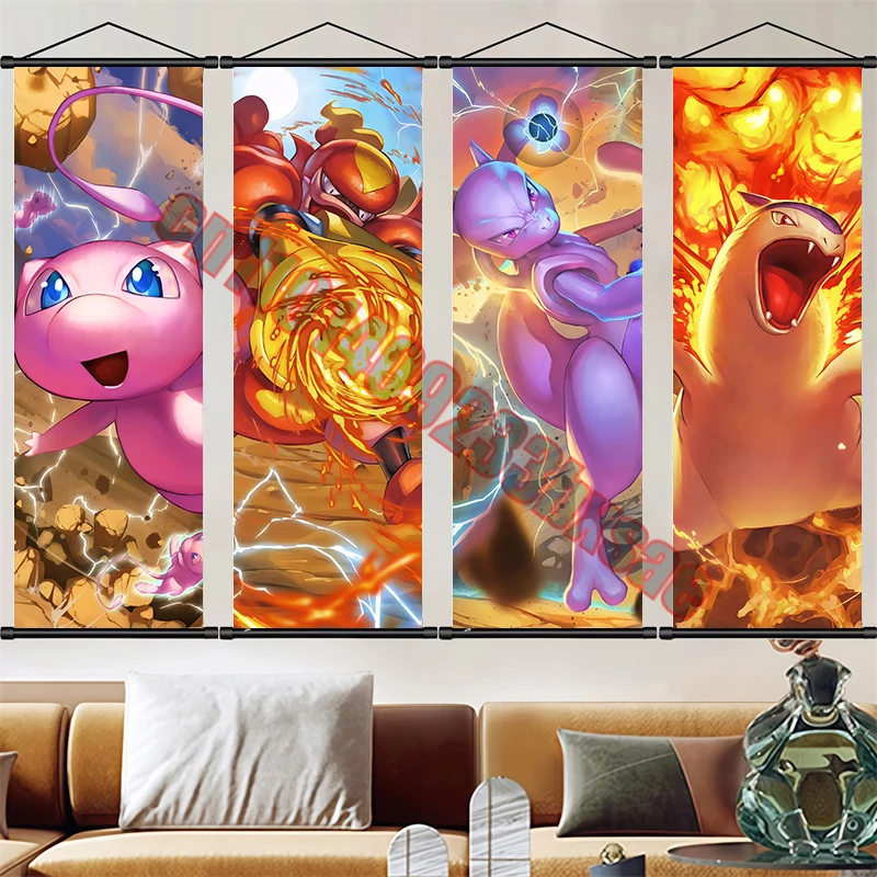 

Japanese Cartoon Anime Pokemon Mew, Charizard HD Cool Art Scroll Painting Suitable for Living Room Decoration Children's Gifts