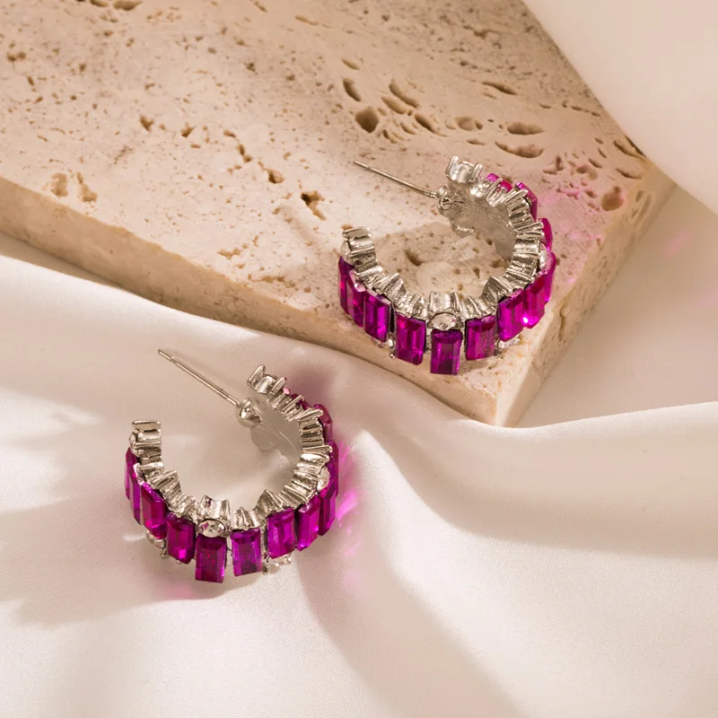 C Shaped Fuchsia Studs Earring For Women Zircon Geometric Jewelry