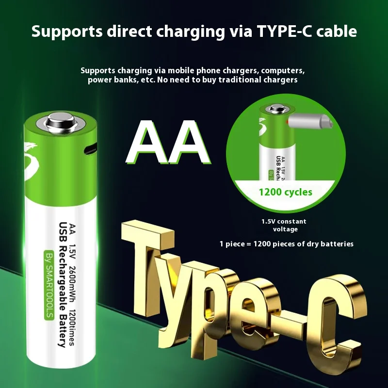 

USB Rechargeable AA Batteries 1.5V Lithium 2600mWh No Charger Needed for Camera Game Controller Toys 1.5V Constant Output