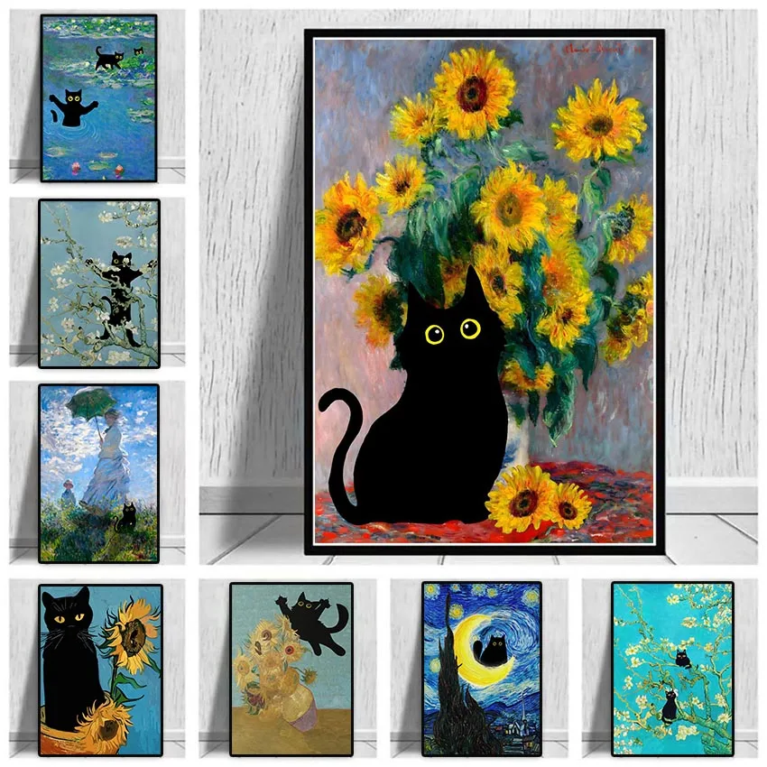 Funny Black Cat Wall Art Van Gogh Starry Night Poster Abstract Famous Reproduction Canvas Painting Aesthetic Room Home Decor