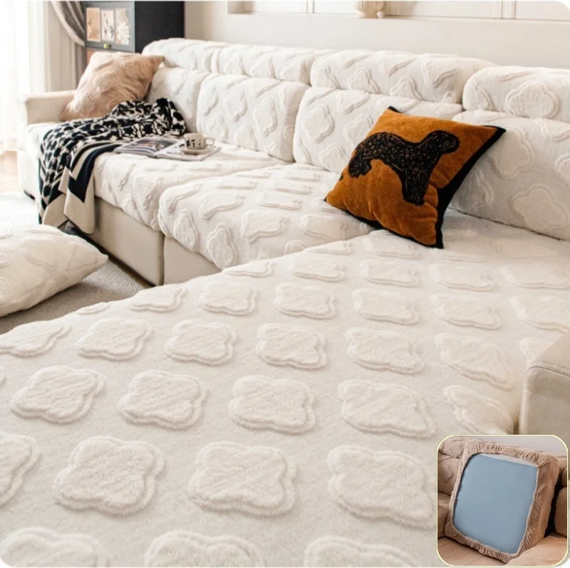 Soft Plush Cotton Sofa Seat Covers Autumn & Winter Stretchy Full-Cover Universal Slipcover for 3-Seater with 1 Chaise Lounge
