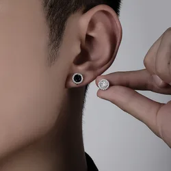 Personality Crystal Black Earrings Male Jewelry Top Quality 925 Sterling Silver Stud Earrings For Men Piercing Accessories Gift