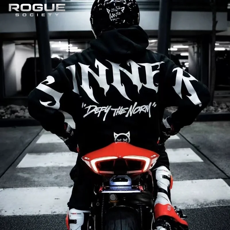 Mens Reflective Letter Graphic Motorcycle Baggy Gothic Streetwear Hoodies Large Back Sweatshirts Urban Night Rider HipHop Outfit