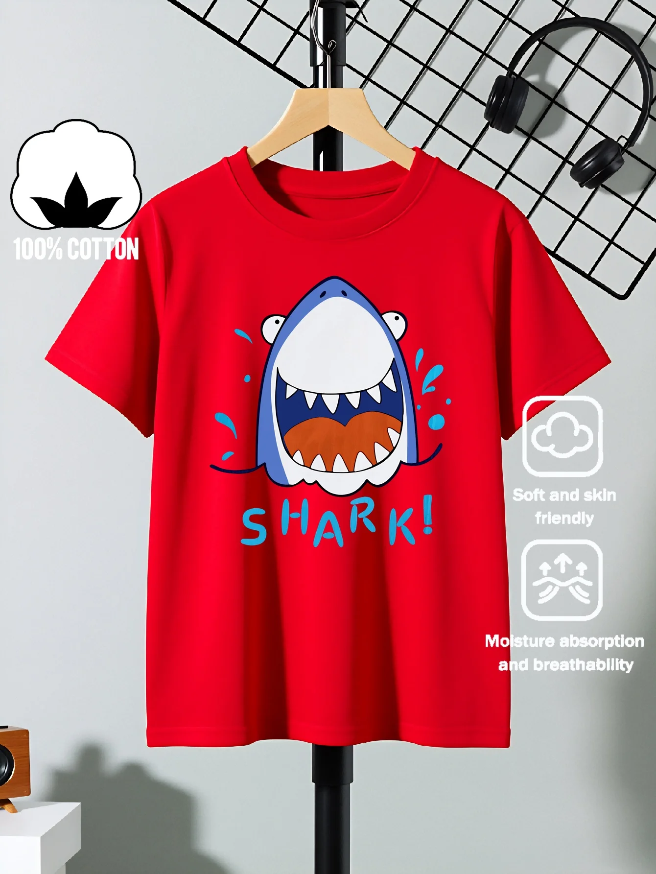 Open Mouth Shark Tooth Pattern Children's T-shirt Machine Washable Soft Top Comfortable Breathable Printed Parent-child Outfit