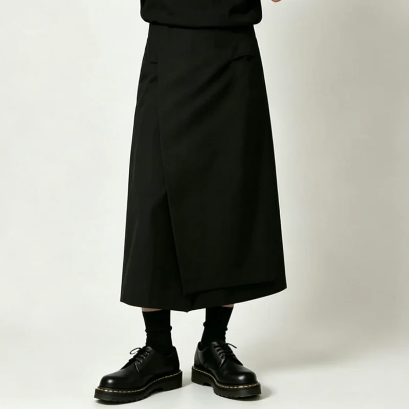 Men'S Casual Pants In Dark Style, Loose-Fitting Skirt-Pants, High-Waisted Wide-Leg Cropped Pants, Versatile S03