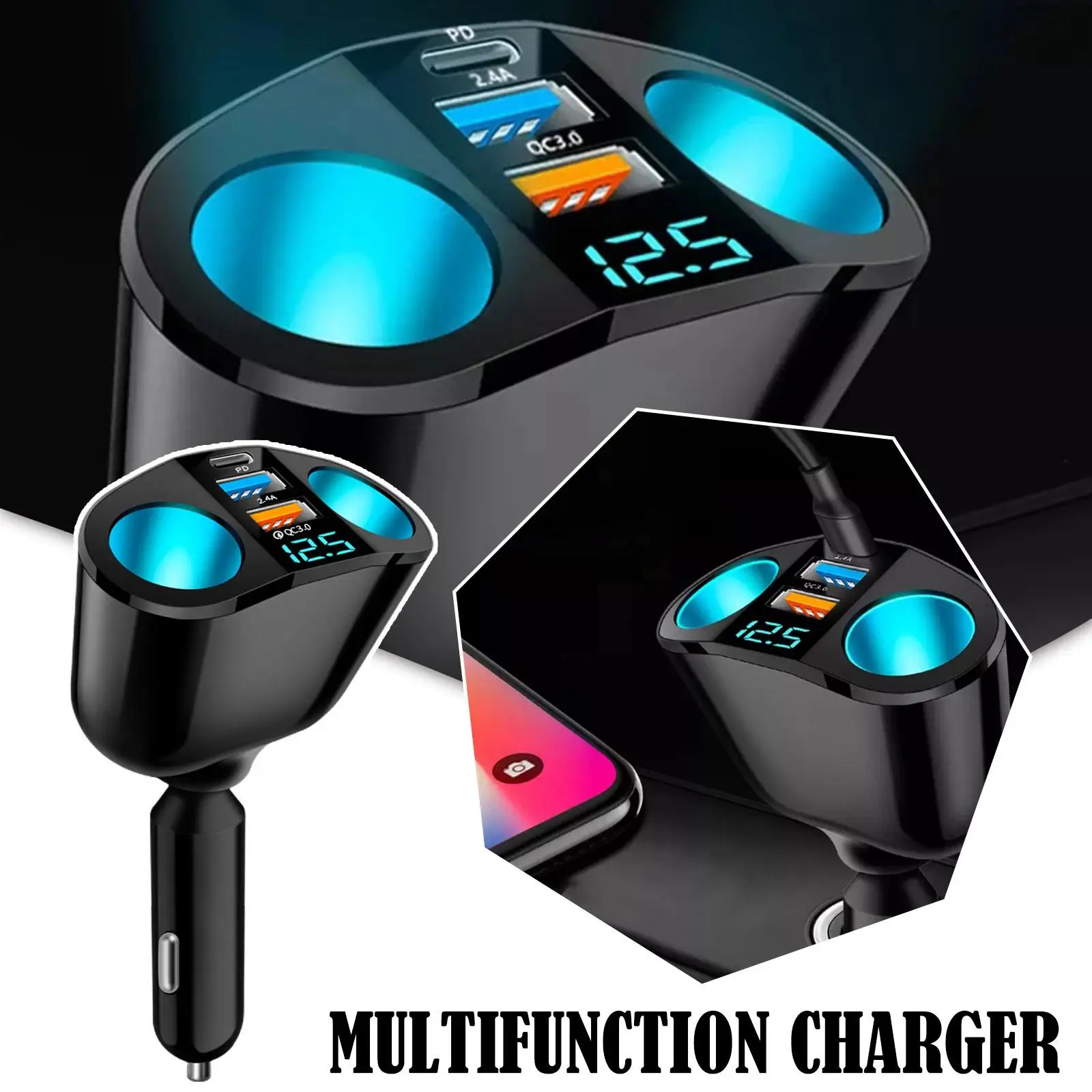 New Auto QC3.0 Fast Charging Dual USB Car Cigarette Drive  Digital Charging Lighter Multifunctional Charger One Display Two A3U8