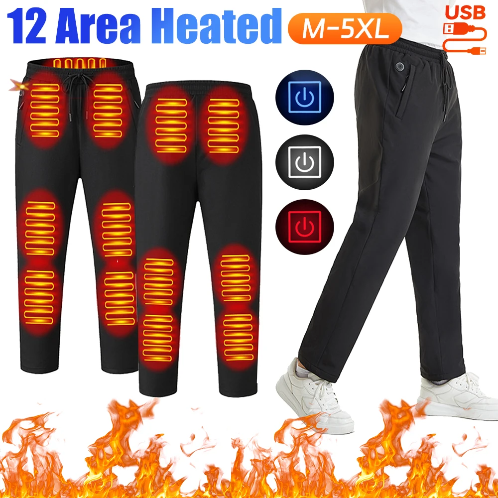 Heating Pants for Men Women Elastic Waist Waterproof Pants 12 Heating Zone 3 Temperature Mode for Skiing Fishing Motorcycle