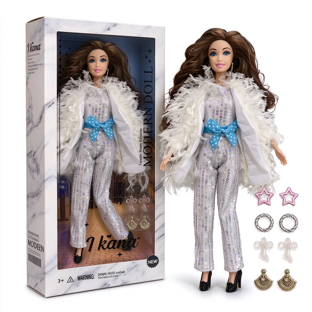 1/6 Babi Supermodel Doll Joints Movable 30cm Female Model Fashion Fur Coat+Sequin Jumpsuit+Earring Set DIY Dress-up Toy Gifts
