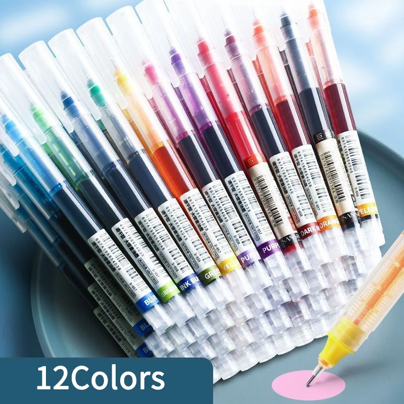 12 Colors Rolling Ball Pens Quick Dry Ink 0.5 mm Extra Fine Point Pens Liquid Ink Pen Rollerball Pens Black Blue Red Stationery