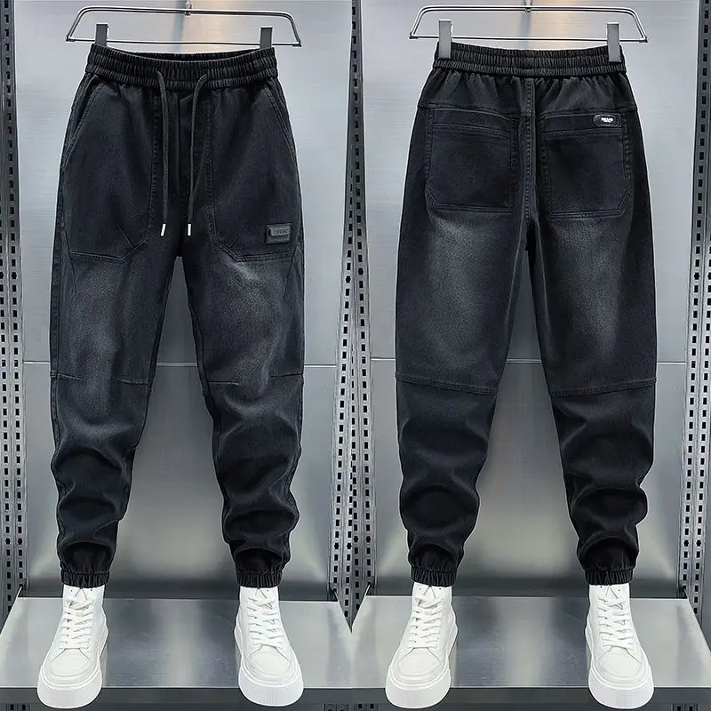 Men\'s Jeans Joggers Autumn Winter Thickening Warmth Drawstring Casual Pants Korean Sweatpants Black Denim Trousers Men Clothing