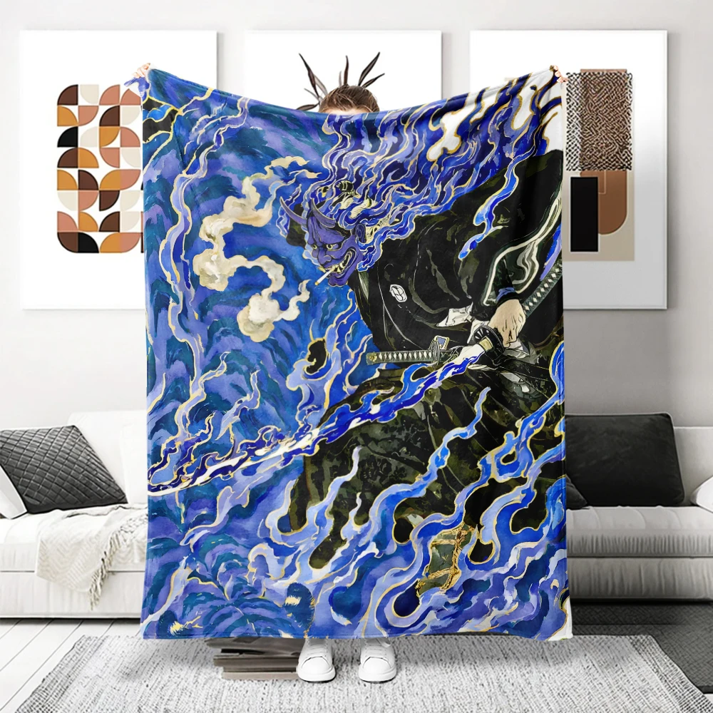 Blue Demon Samurai Flames Cozy Flannel Fleece Blanket Lightweight Plush Throw Blanket for Sofa Bed Travel Camping Warm Blanket