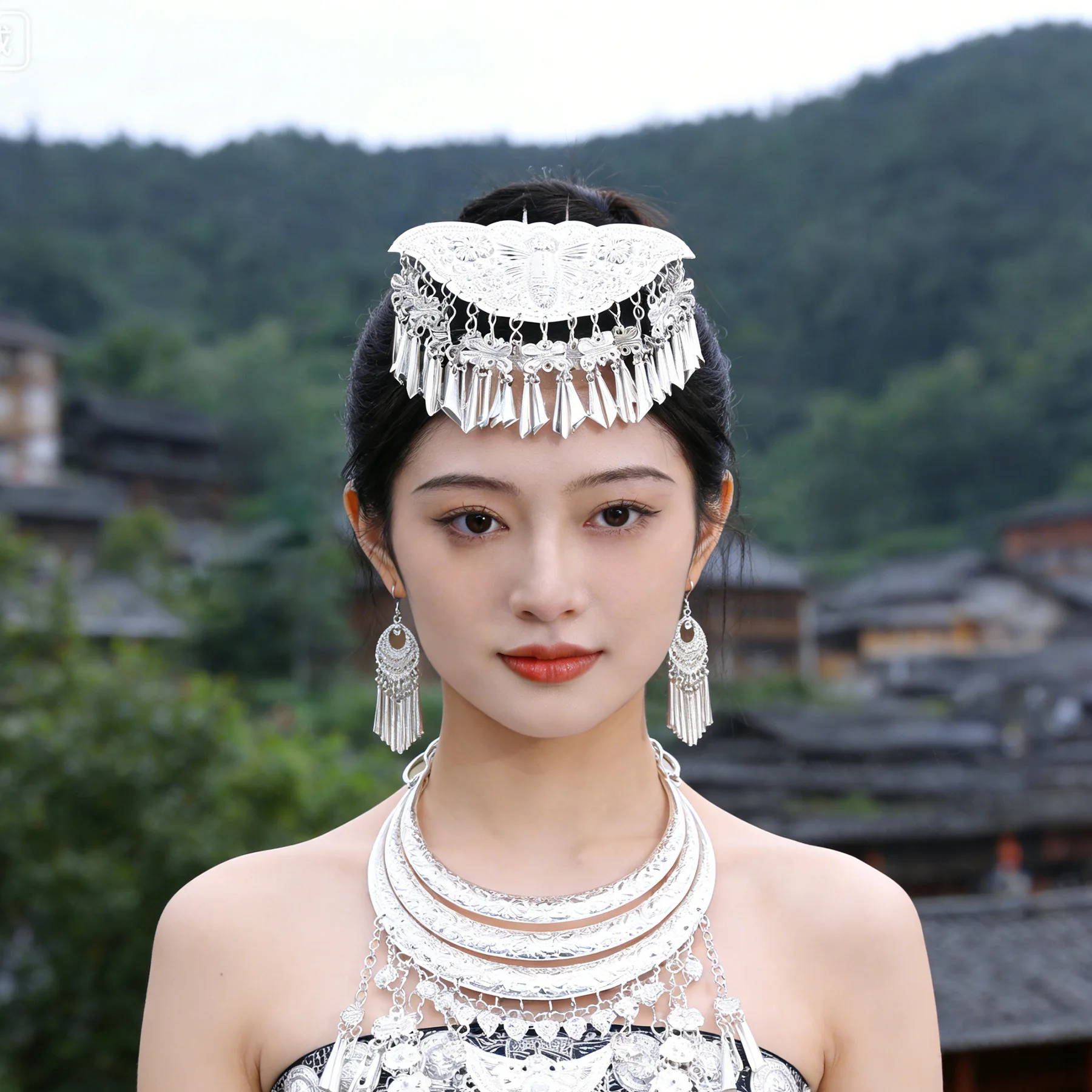 

Miao Ethnic Group Silver Plated Butterfly Long Tassel Electroplated Hairpin for Hanfu Costume All-Match