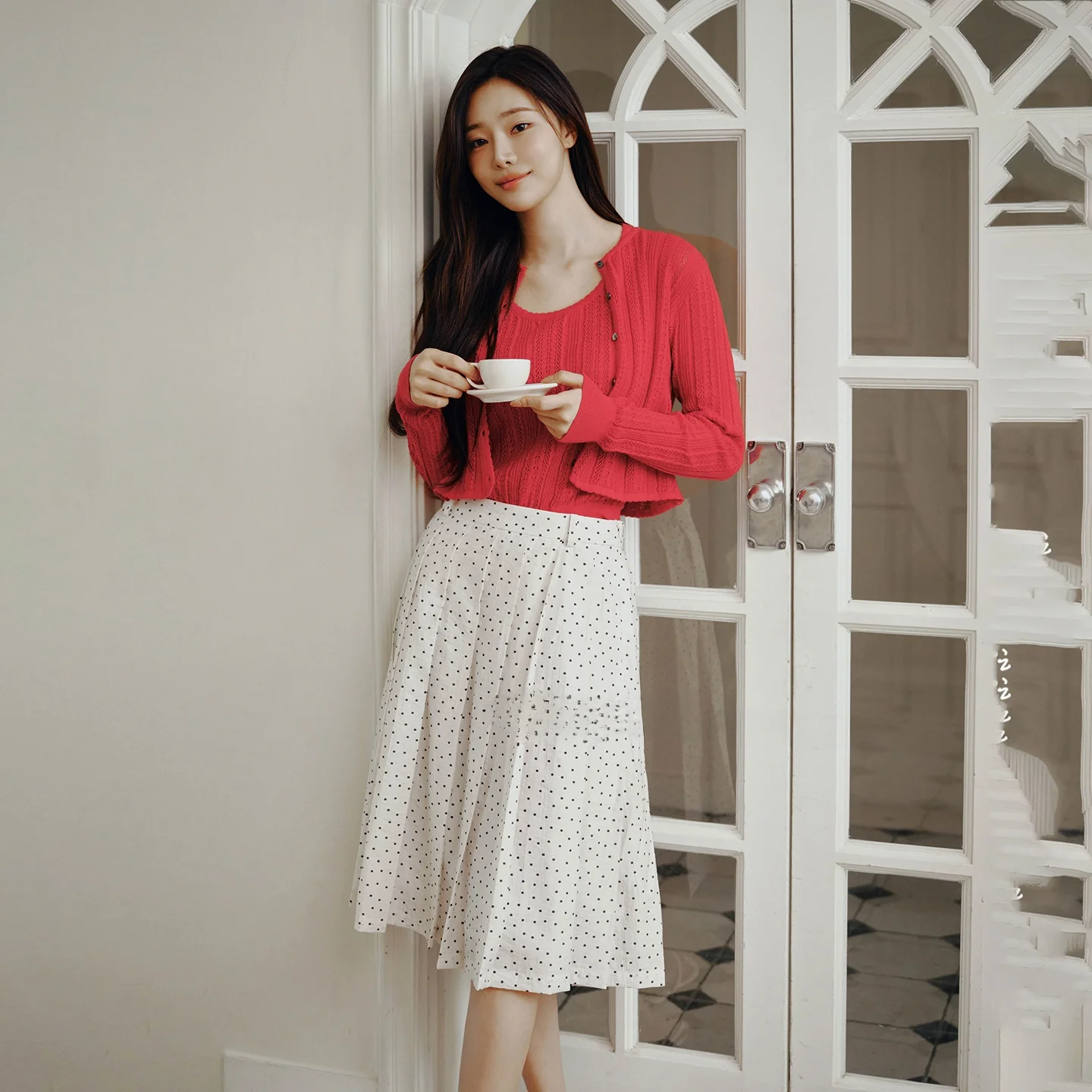 

Slimming Pleated Commuter Polka Dot f-length Skirt Mid-high Waist A-line Loose Fit Summer Casual Women's Skirt