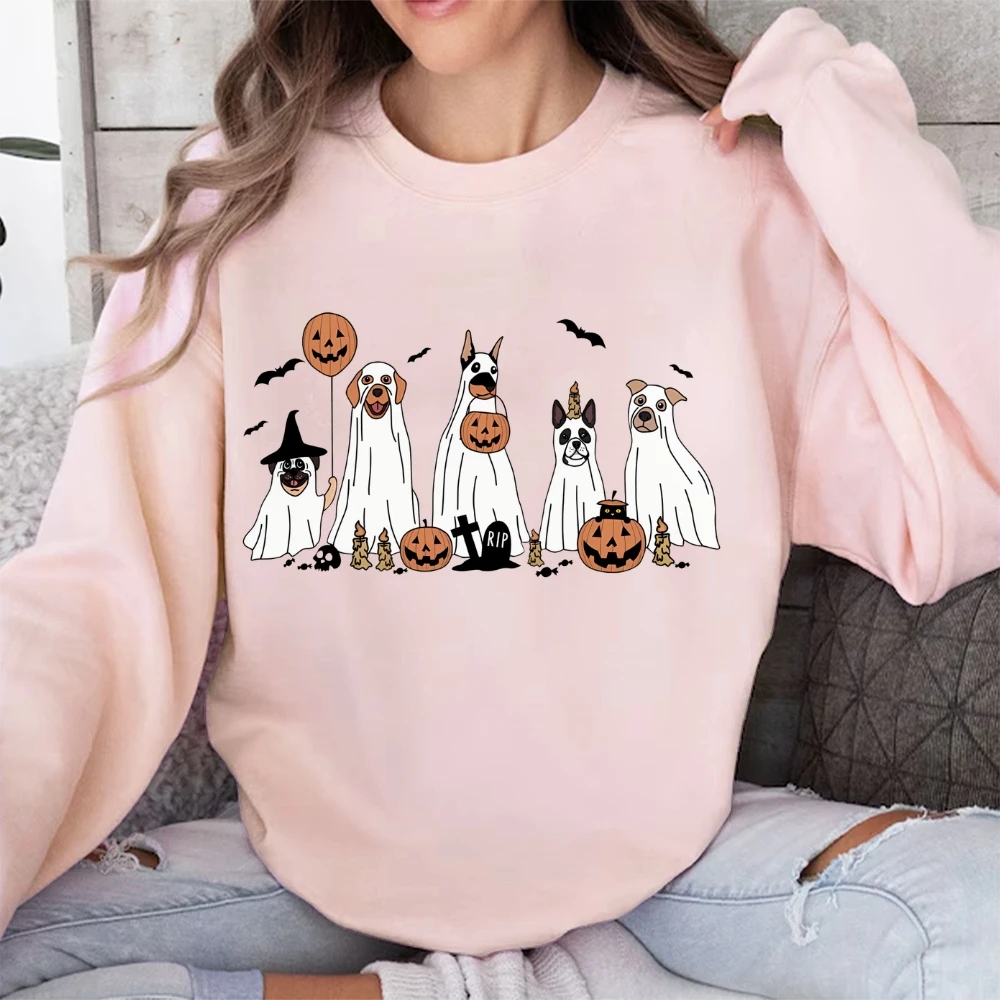 Halloween Sweatshirt Retro Dog Ghost Spooky Season Fall Long Sleeve Shirt Women’s Halloween Puppy Pumpkins Bats Pullover Shirt