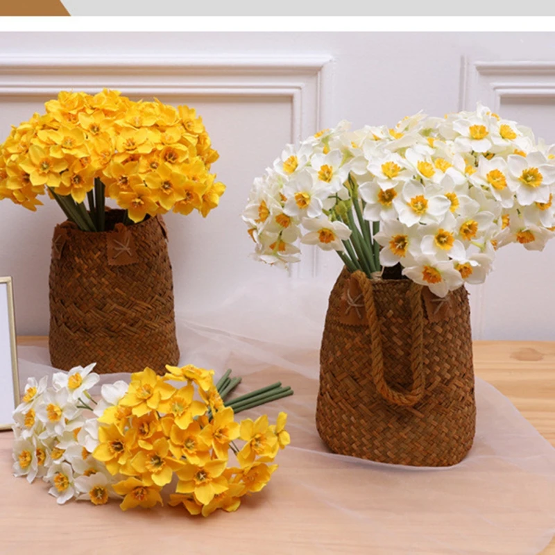 6Pcs/bunch Artificial Narcissus Flower Bouquet White Yellow Wedding Bridal Bouquet Home Garden Desktop Decoration