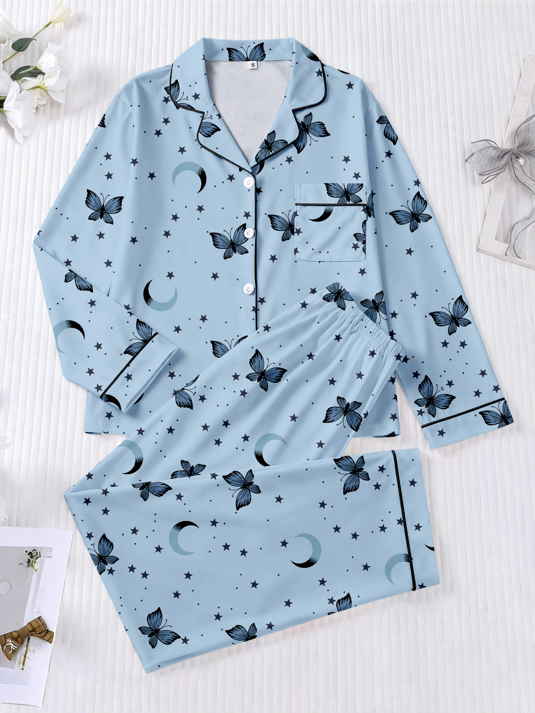 

Женский домашний комплект для сна с принтом бабочек, удобный комплект с длинными рукавами и брюками.