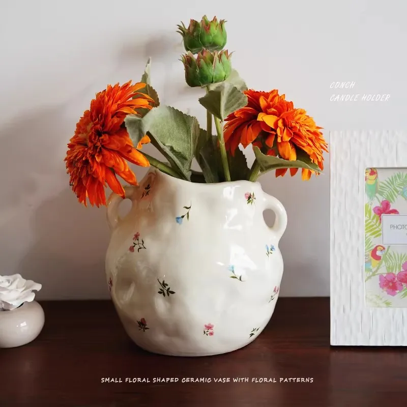 Fashionable Small Floral Hand-pinched Texture Ceramic Irregular Double Ears Flower Vase Flower Arrangement