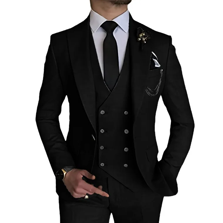 

men blazers 3 piece set Double Breasted Suits Cardigan Outerwear Vest Blazer Ankle Length Straight Pants Zipper Business Buttons