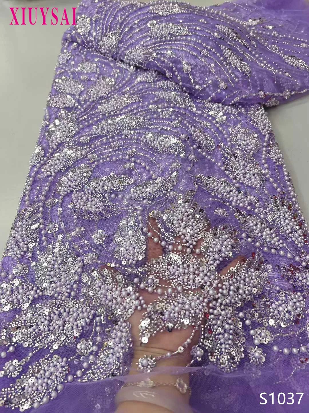 

Luxury African Sequins Beaded Lace Fabric 2025 New High Quality Groom Nigerian Wedding Bridal Embroidery French Tulle Materials