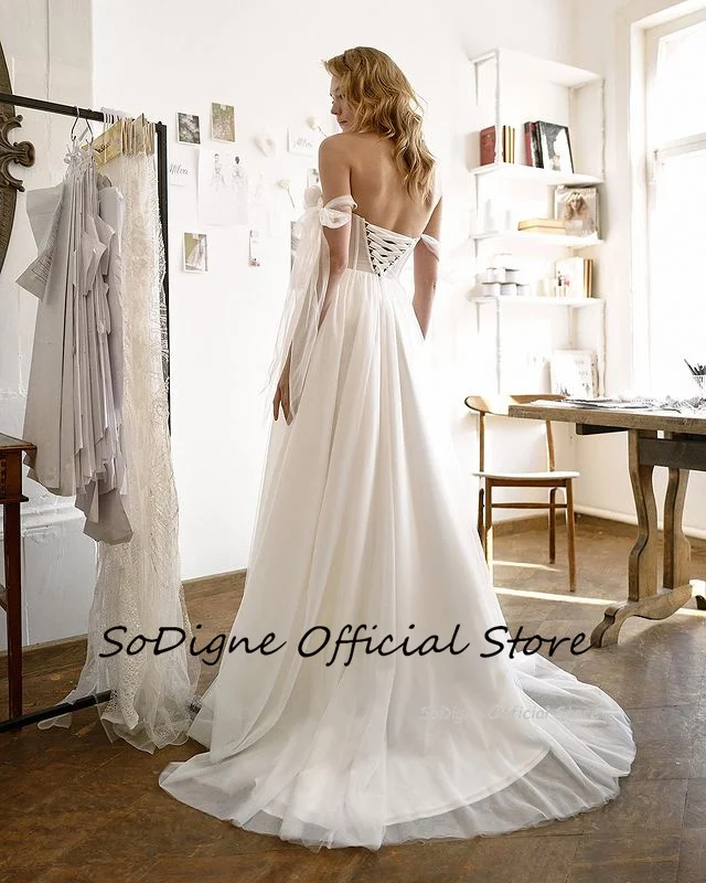 SoDigne A-line 3D Fiore Tulle Abiti da sposa Spalle scoperte Abito da sposa senza maniche Abito da sposa con lacci sul retro diviso Personalizzato