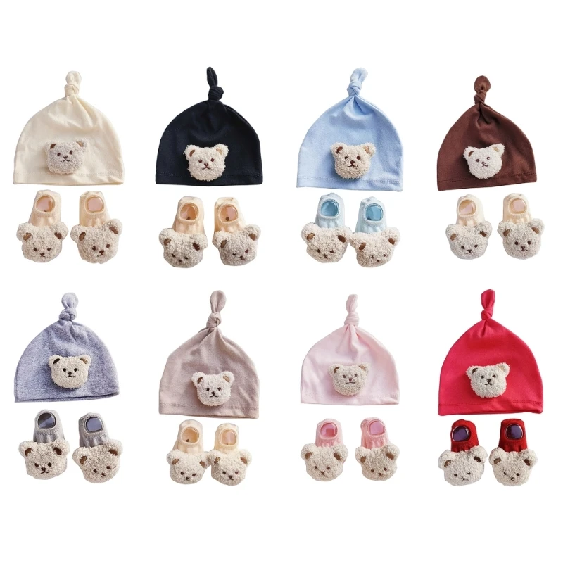 Lovely Baby Newborn Headwear with Bear Pattern Socks Breathable Infant Knotted Hat Protections 40JC