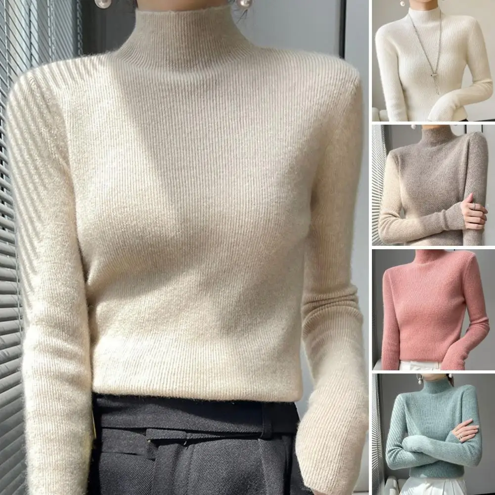 Turtleneck Solid Sweater Women Fashion New Stretch Tops Knitted Pullovers Long Sleeve Bottoming Knitted Simple Chic Clothes