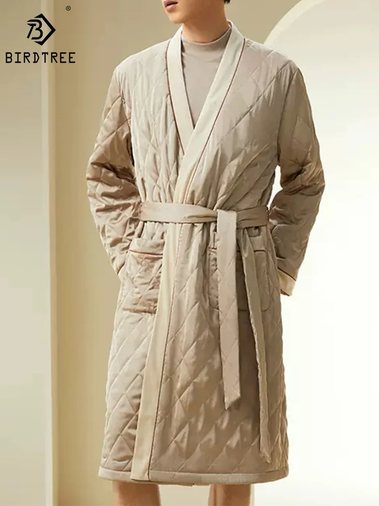 

Birdtree Filled 100%Real Silk Robe for Men, Patchwork Warm Home Clothing, Elegant Thicked Night-robe, 2024 Spring New P41966QM