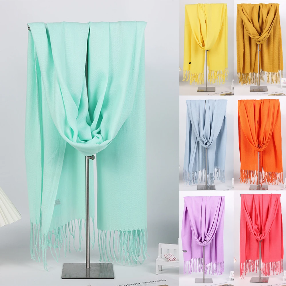 

Pure Color Imitation Cashmere Scarf Solid Color Long Hijab Headscarf Big Tassel Shawl Thicken Handmade Couple-style Scarves