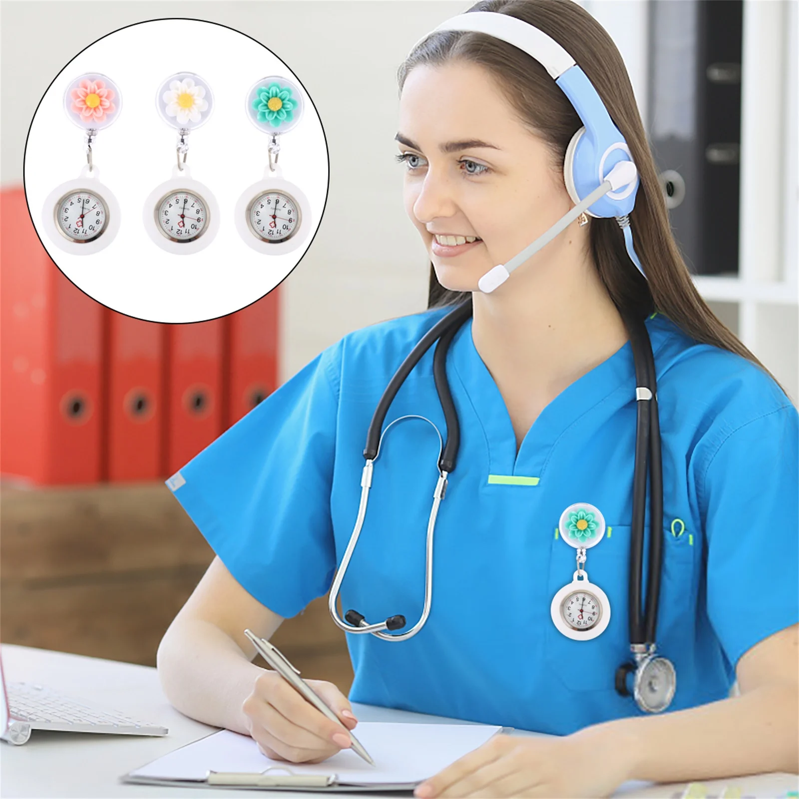 3 pçs silicone enfermeira relógios retrátil dos desenhos animados flor clipe pendurado leve relógio de lapela de quartzo para enfermeiras presente feminino