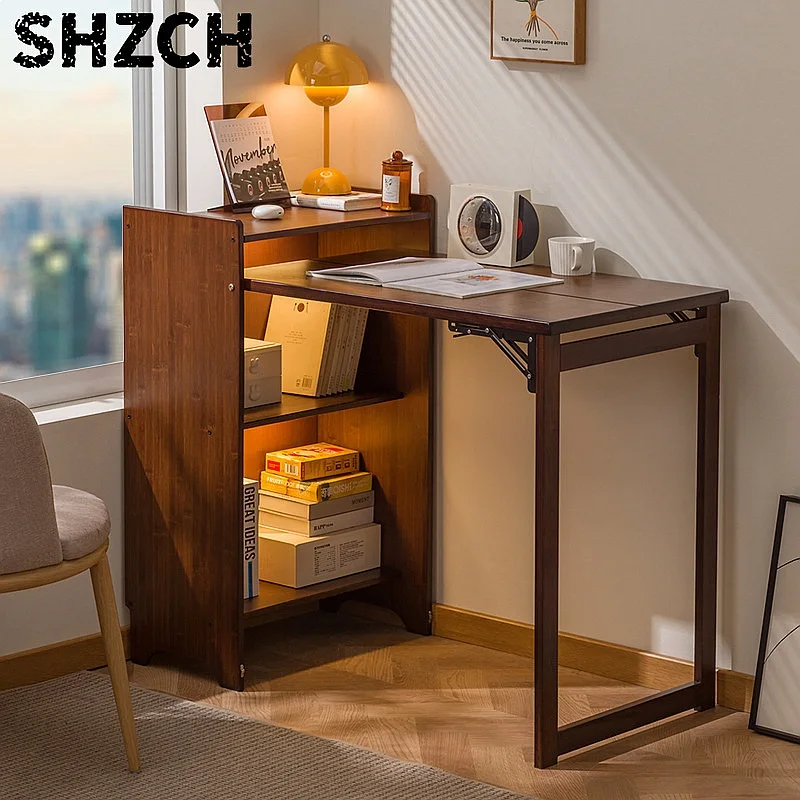 Bamboo Folding Desk with Bookshelf Multi-Functional Compact Computer Table for Small Space Home Office
