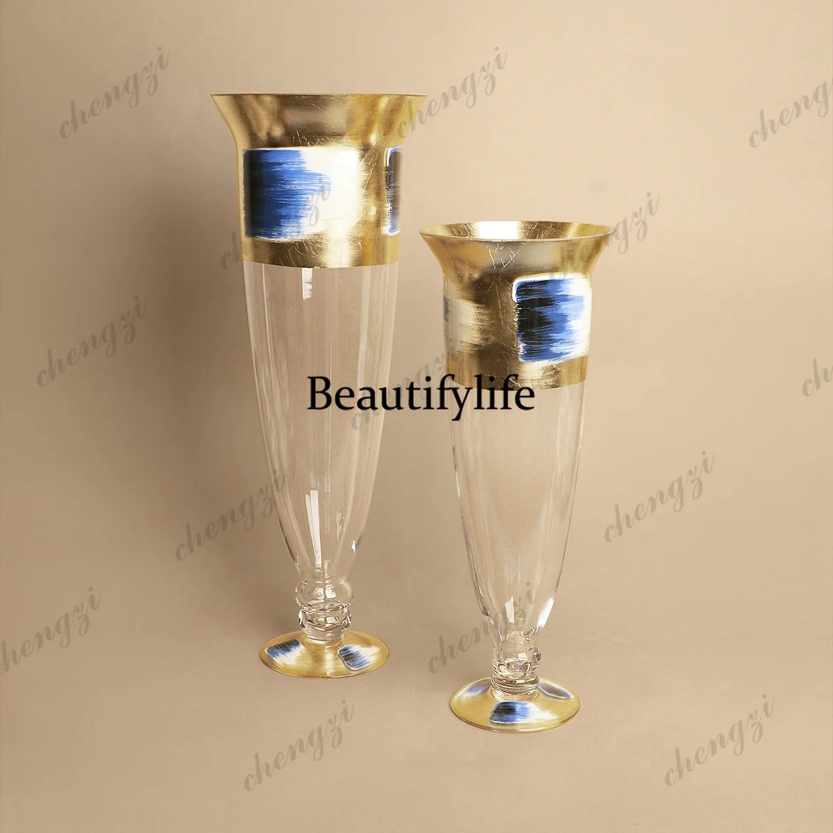 Retro abstract handmade glass vase tall gold foil transparent flower ware creative dining table ornament
