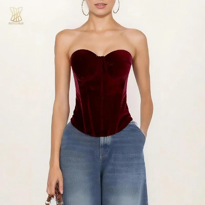 

Velvet Keep warm Red corset top with zipper back and Bra korset Bustier strapless Crop Tops for Winter Summer