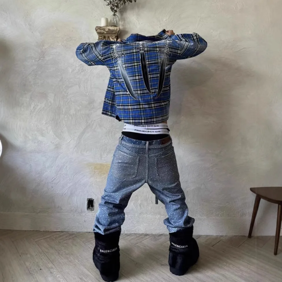 Thug Club Embroidered Sword Patterned Antique Blue Checkered Star and Moon Metal Logo Shirt Jacket