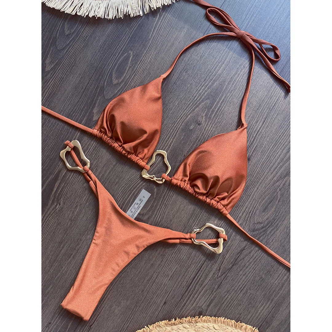 Glänzender Metallring Neckholder Mini-Tanga-Bikini Damen-Badeanzug Zweiteiliges Bikini-Set Badebekleidung Badeanzug Schwimmanzug V6438 – Detail 24