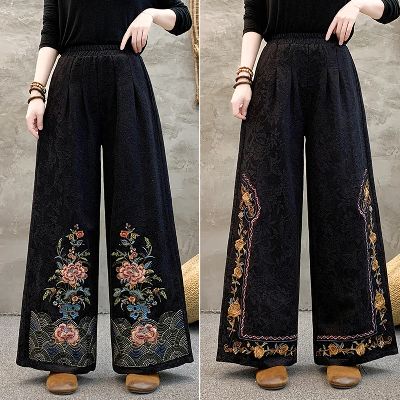 Retro Ethnic Style Embroidery Women Casual Cotton And Linen Wide-leg Pants Spring Lady Elegant Lace-up High Waist Trousers