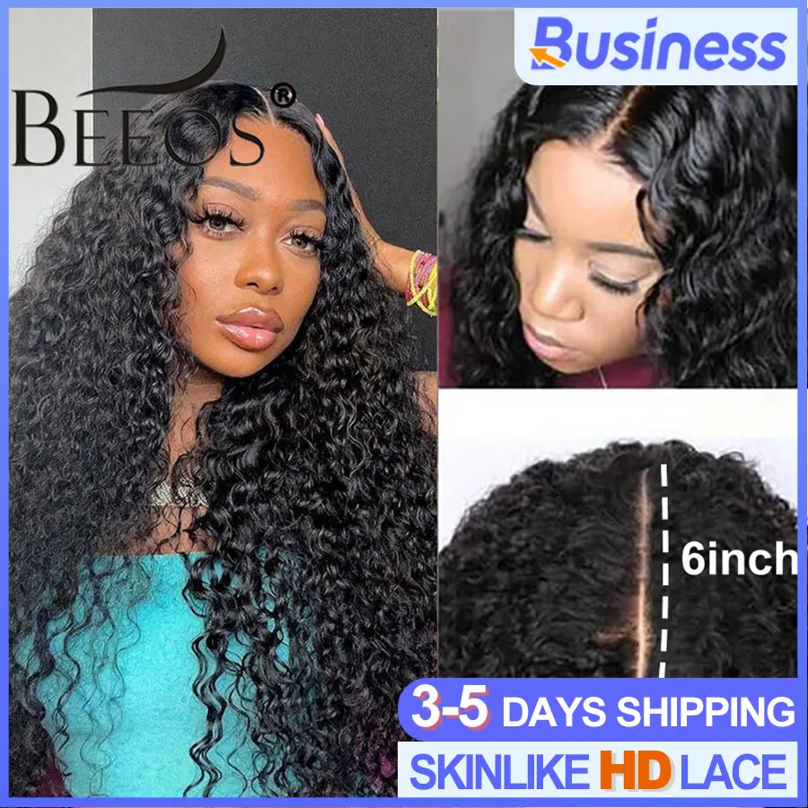 

BEEOS Glueless 250% Skinlike 2x6 HD Lace Closure Wigs Preplucked Human Hair Water Wave HD Transparent Lace Wigs For Women