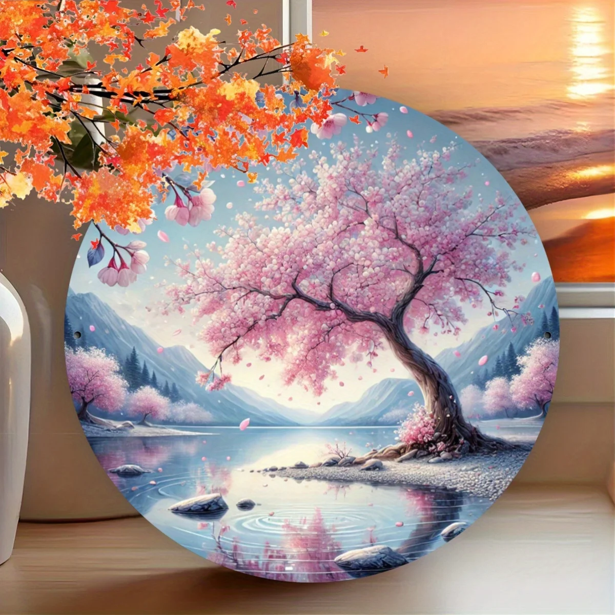 [مسطح 21D] قطعة واحدة، طباعة مسطحة ثنائية الأبعاد، نمط شجرة زهر الكرز، 7.87 × 7.87 بوصة (20 × 20 سم)، مناسبة للمطاعم والحانات والقهوة