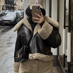 90s Vintage Fashion Girls Brown Faux Leather Shearling Jacket Coat Women Winter Thicken Warm Fur Lining Overcoats Outerwear