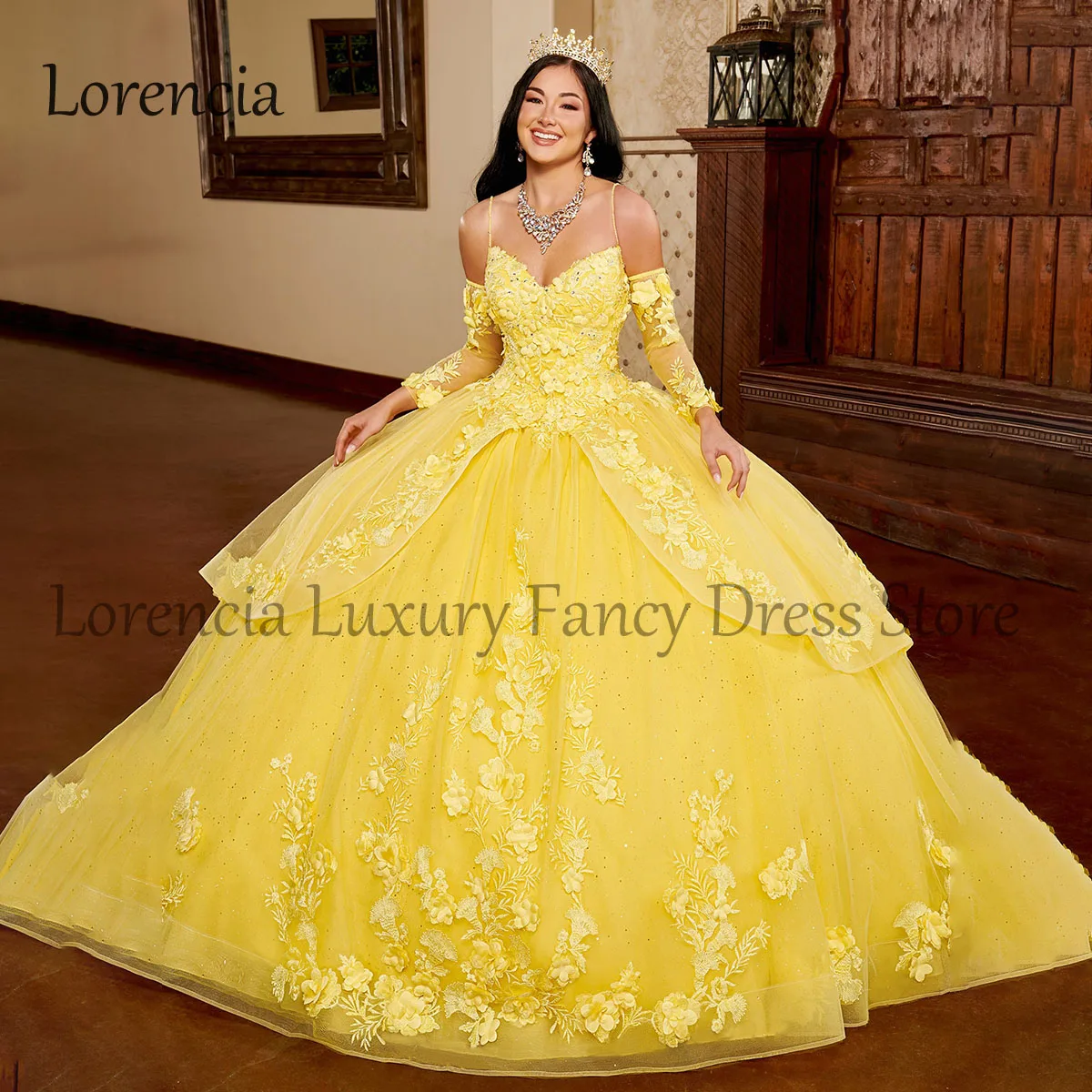 Luxury Yellow Quinceanera Dress Mexican Appliques 3D Flowers Open Back Ball Gowns With Cape Corset Formal Vestidos De XV Anos