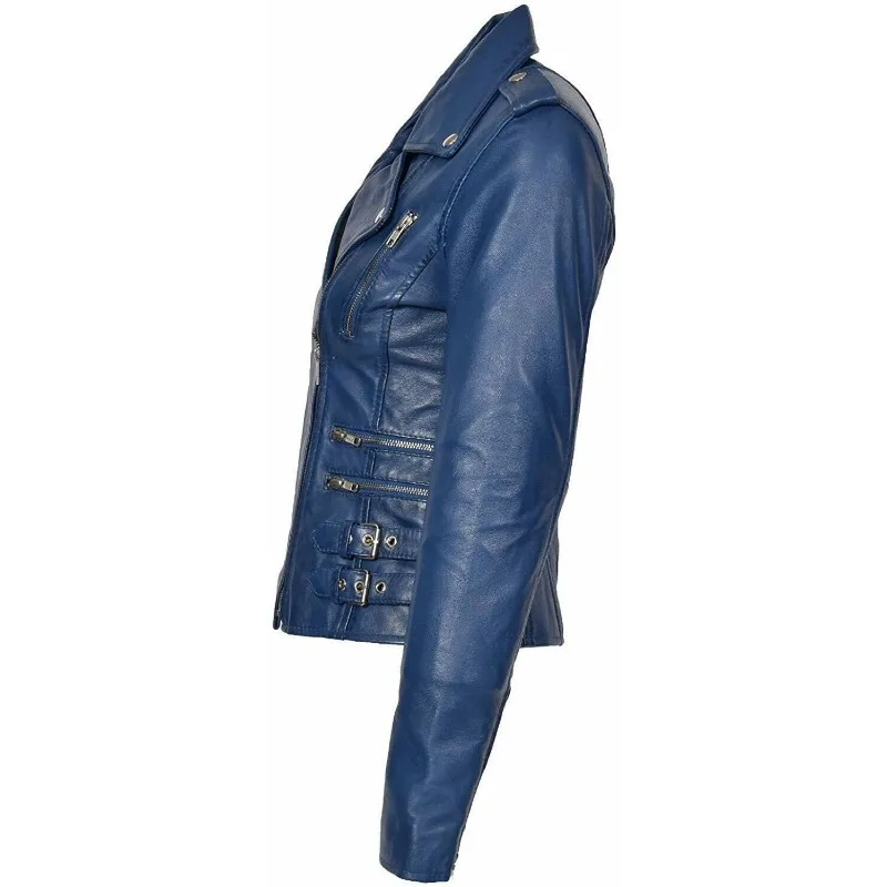 Chaqueta de piel de cordero auténtica para mujer, abrigo con cuello azul para motocicleta, SEXY