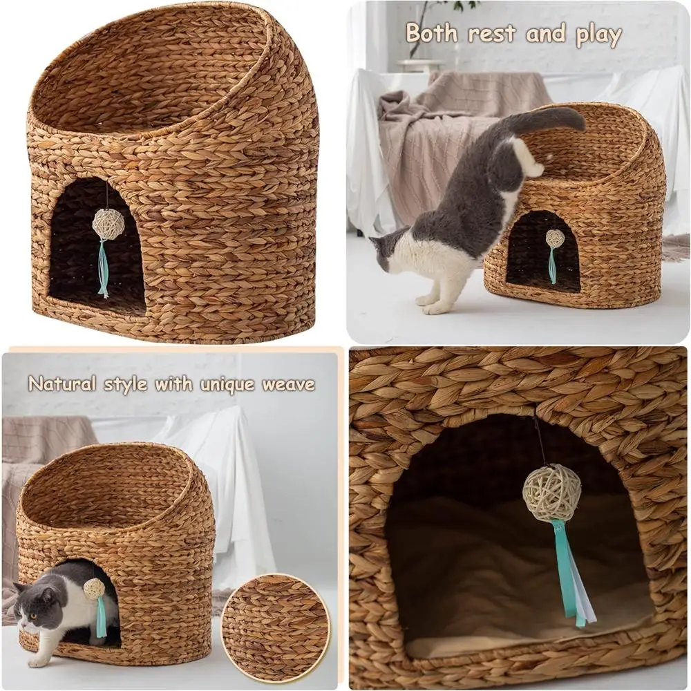 سرير للقطط من الخيزران الطبيعي، سرير كهف للقطط مصنوع يدويًا بطابقين، مثالي للقطط والقطط الداخلية بتصميم مضفر