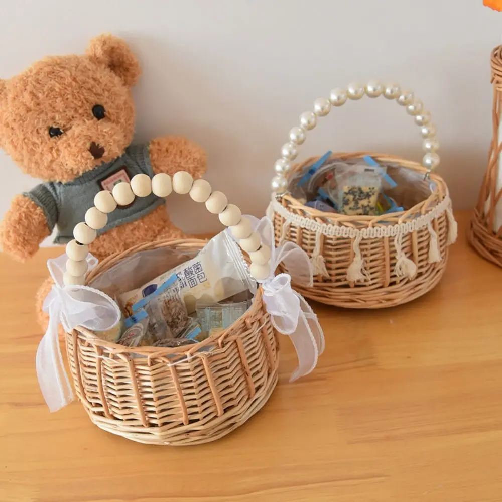 Durable Willow Rattan Flower Girl Baskets Hand-woven With Handle Wedding Flower Basket Picnic Storage Basket