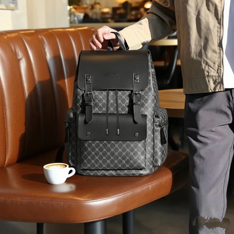 

T6 Stylish Plaid Laptop Backpack: Premium Leather Commuter Bag, Large Capacity Unisex Business Travel Bag | Celebrity Inspired