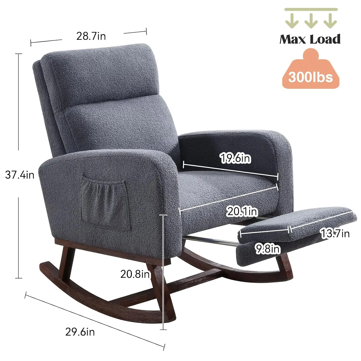 Teddy Rocking Chair with Foot Rest & High Backrest for Nursery Breastfeeding Living Room Bedroom Blue Grey, Customized