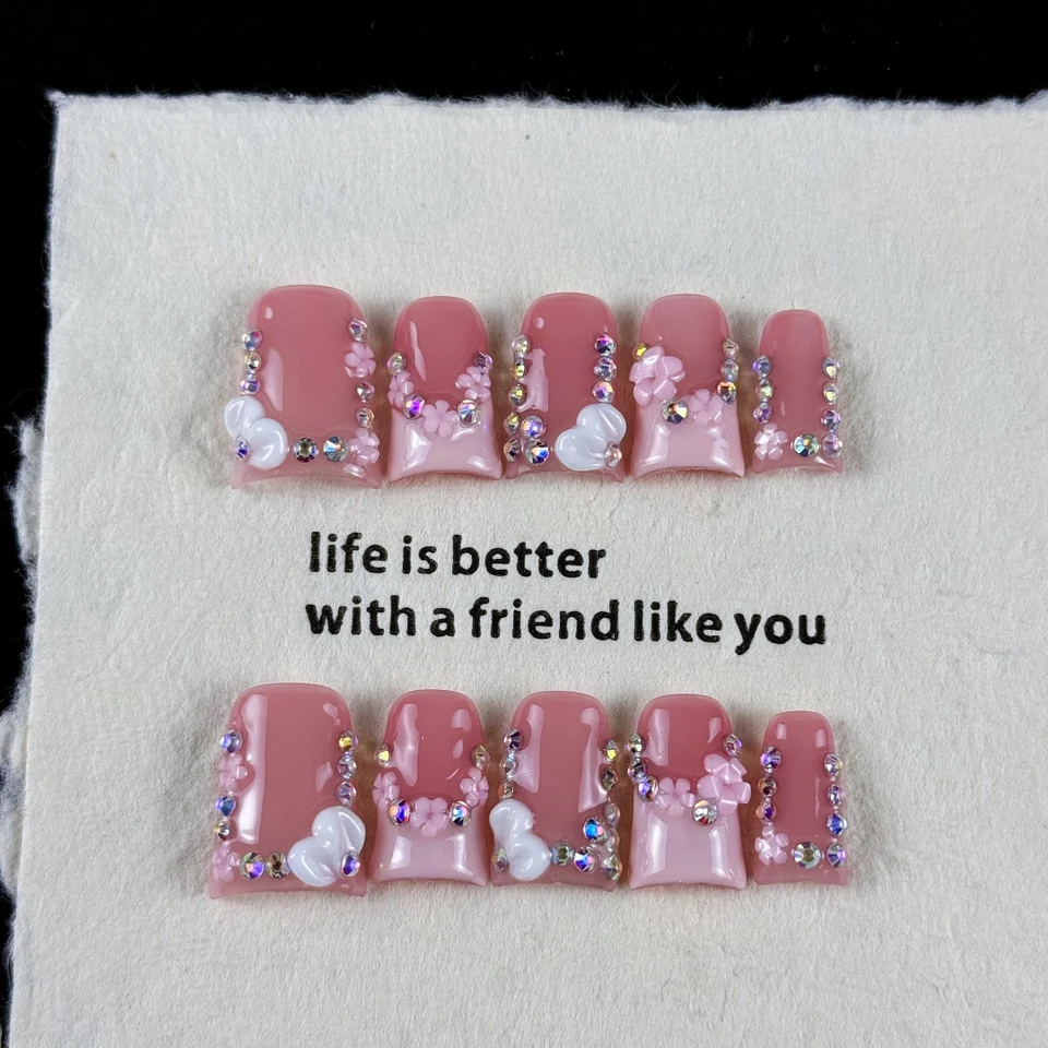 10 uñas postizas de alta gama estilo chica rosa, diseño tridimensional pintado a mano, con pequeños diamantes 2