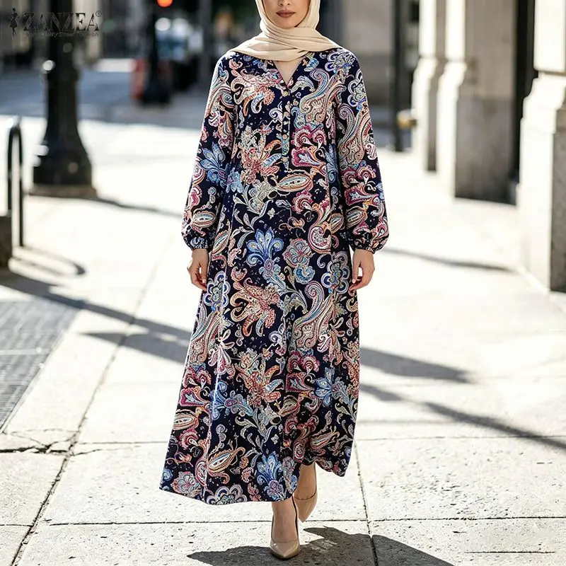 

ZANZEA Paisley Print Muslim Modest Maxi Dress Women V-Neck Long Lantern Sleeves Loose Abaya Islamic Hijabs Vacation Robes Femme